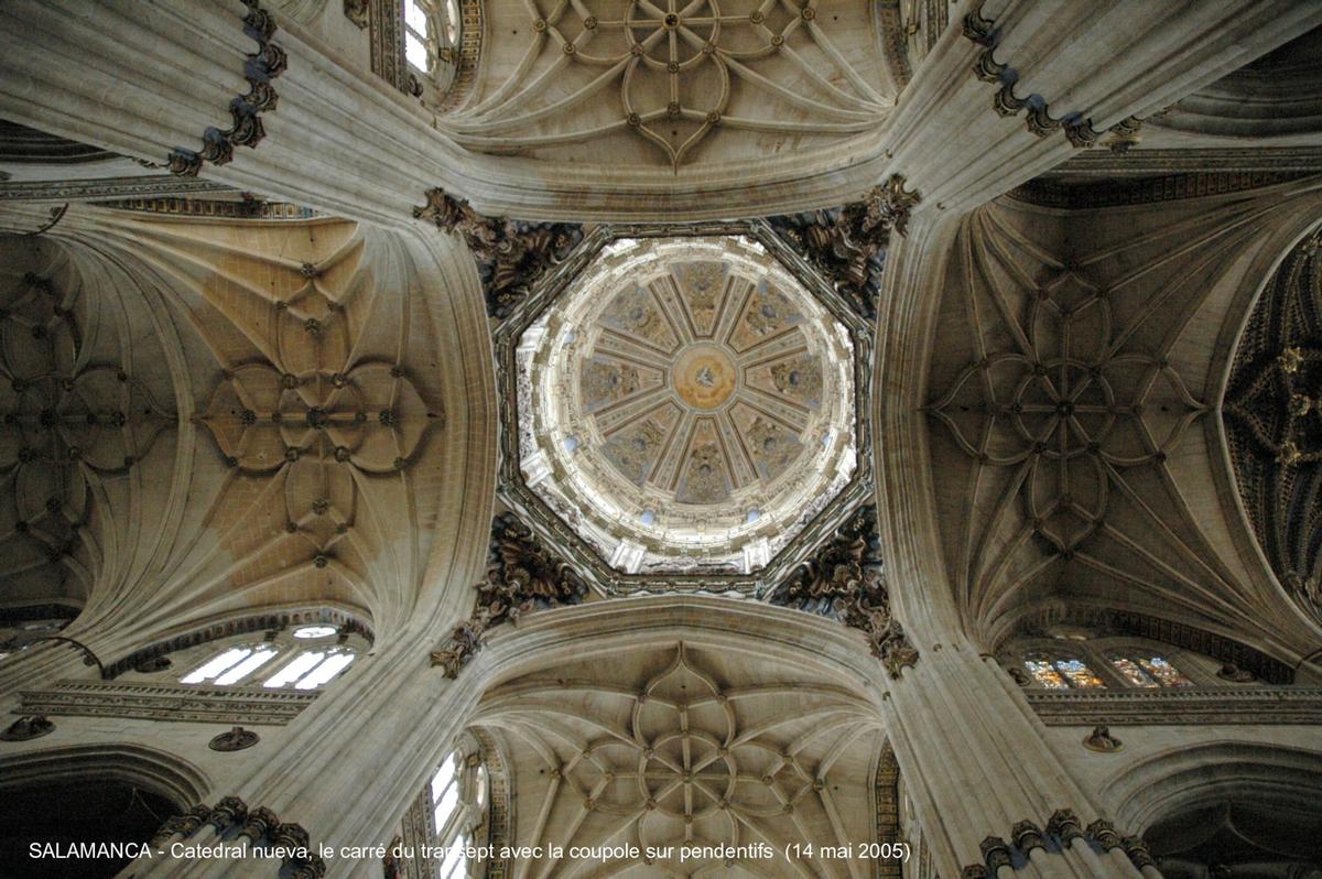 Fiche média no. 45310 SALAMANCA (Castilla y León) – La Cathédrale nouvelle, construite à partir de 1513 à côté de « Catedral vieja », avec laquelle elle communique par le collatéral sud. Principalement de style gothique, mais les styles Renaissance et baroque sont également présents, la riche façade ouest est caractéristique du gothique tardif