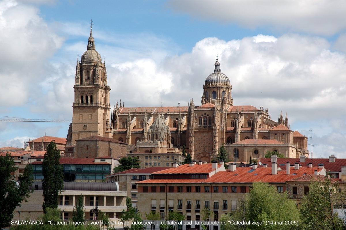 Fiche média no. 45317 SALAMANCA (Castilla y León) – La Cathédrale nouvelle, construite à partir de 1513 à côté de « Catedral vieja », avec laquelle elle communique par le collatéral sud. Principalement de style gothique, mais les styles Renaissance et baroque sont également présents, la riche façade ouest est caractéristique du gothique tardif