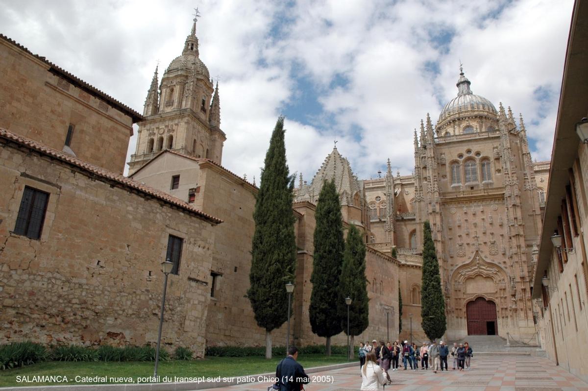 Fiche média no. 45319 SALAMANCA (Castilla y León) – La Cathédrale nouvelle, construite à partir de 1513 à côté de « Catedral vieja », avec laquelle elle communique par le collatéral sud. Principalement de style gothique, mais les styles Renaissance et baroque sont également présents, la riche façade ouest est caractéristique du gothique tardif