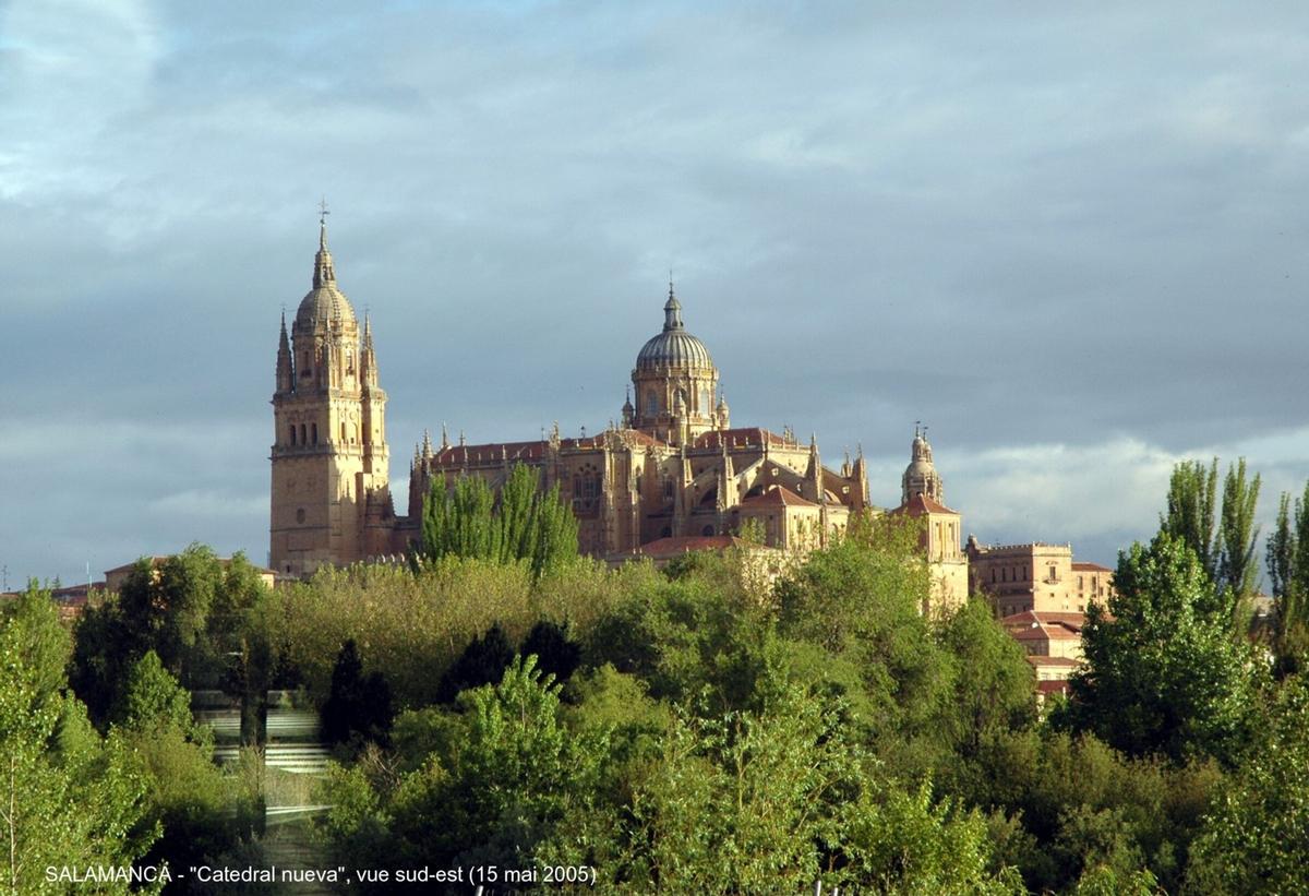 Fiche média no. 45331 SALAMANCA (Castilla y León) – La Cathédrale nouvelle, construite à partir de 1513 à côté de « Catedral vieja », avec laquelle elle communique par le collatéral sud. Principalement de style gothique, mais les styles Renaissance et baroque sont également présents, la riche façade ouest est caractéristique du gothique tardif