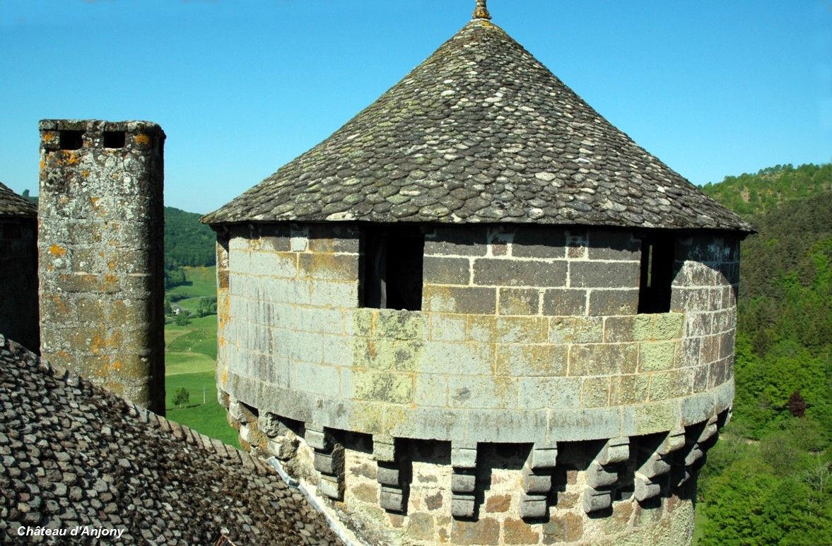 Fiche média no. 144160 TOURNEMIRE (15310, Cantal, Auvergne) - Château d'Anjony , les 4 tours d'angle sont coiffées d'un toit en poivrière recouvert de lauzes