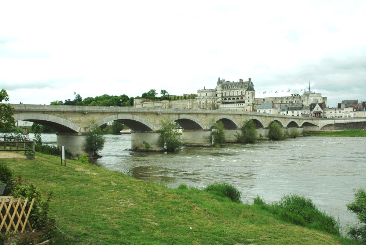 Fiche média no. 151361 AMBOISE (37400, Indre et Loire, Centre) - Pont du Maréchal Leclerc sur la Loire (route D 431), l'île d'Or s'inserre entre les deux sections de l'ouvrage, ici le pont rive gauche avec le château en arrière-plan