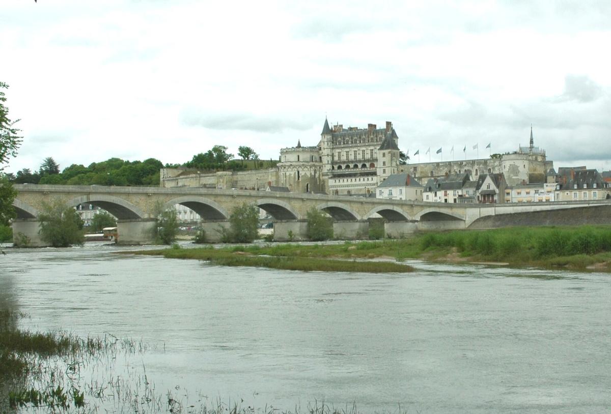 Fiche média no. 151362 AMBOISE (37400, Indre et Loire, Centre) - Pont du Maréchal Leclerc sur la Loire (route D 431), l'île d'Or s'inserre entre les deux sections de l'ouvrage, ici le pont rive gauche avec le château en arrière-plan