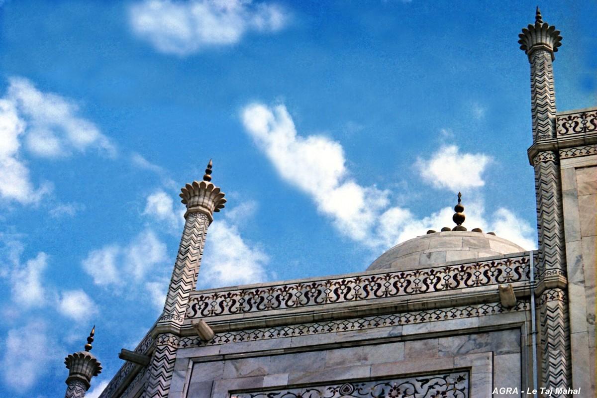 AGRA (Uttar Pradesh) – Le Taj Mahal, les 16 colonnettes d'angle sont couronnées de la fleur de lotus 