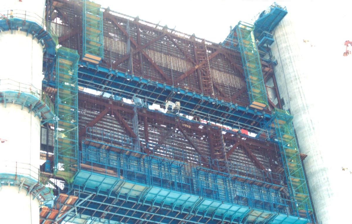 Tsing Ma Bridge. Prefabricated cross frames strand jacking into place 