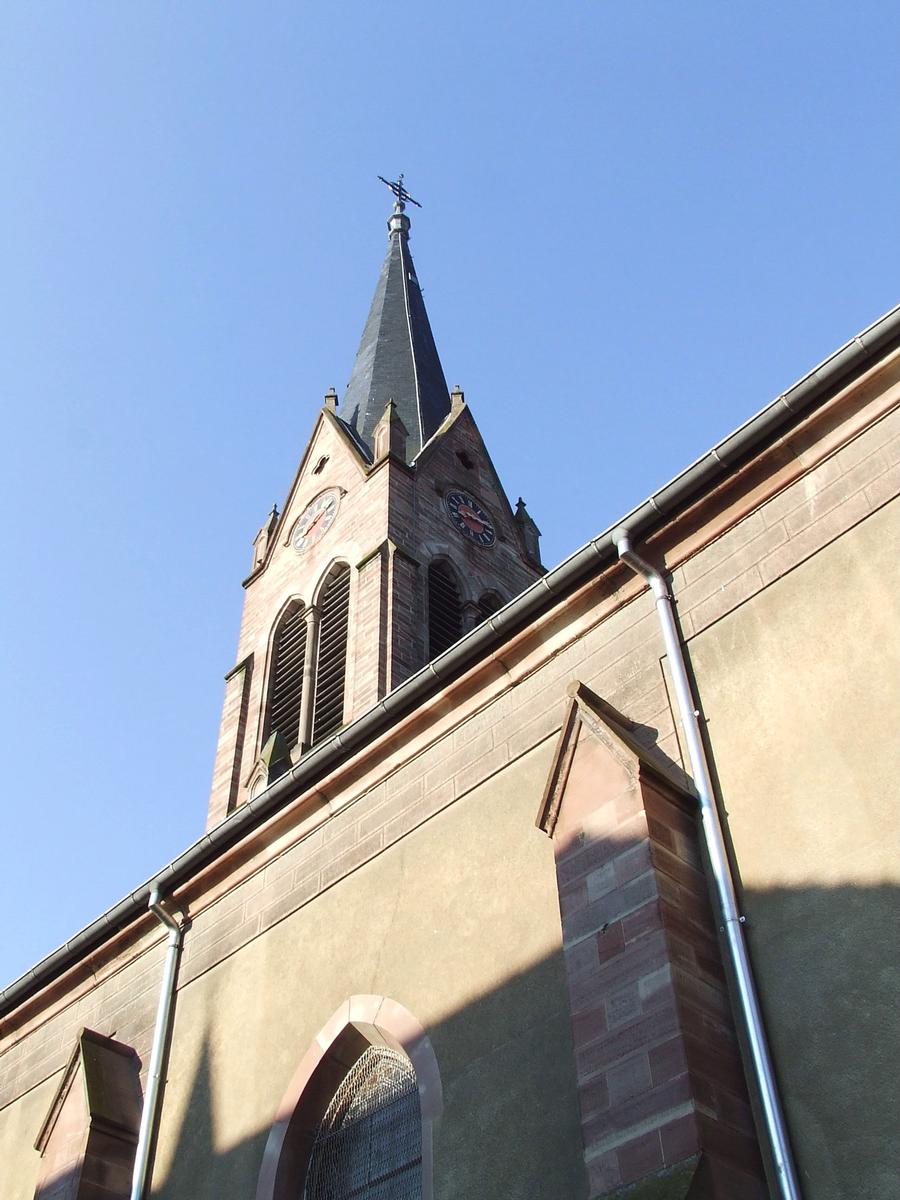 Eglise catholique de Village-Neuf Hauteur totale avec croix 59,41 m. Hauteur sans la croix 57,0 m. (Mesures du 21.10.1998)