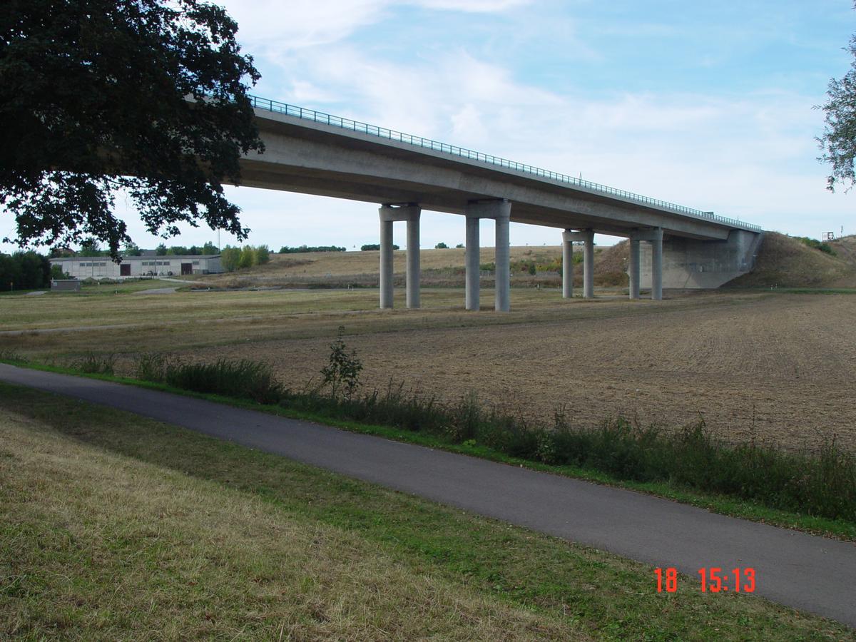 Saalebrücke A38 bei Schkortleben, Pfeiler, Blickrichtung Abfahrt Leuna vom Saaleufer aus 