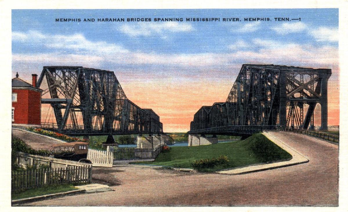 Memphis Bridge & Harahan Bridge, Memphis, TennesseePostkarte aus der Privatsammlung von Jochem Hollestelle Memphis Bridge & Harahan Bridge, Memphis, Tennessee Postkarte aus der Privatsammlung von Jochem Hollestelle