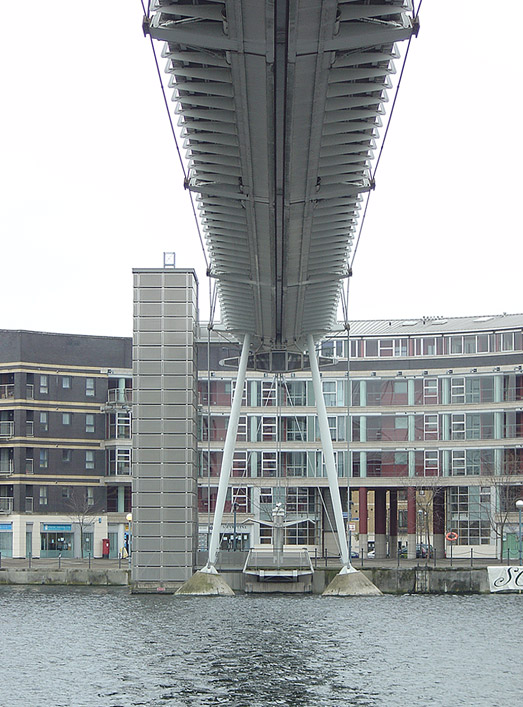 Media File No. 83433 Royal Victoria Dock Bridge View from northern access walkway looking south. The channel for the proposed suspended gondola can be clearly seen on the underside of the main deck