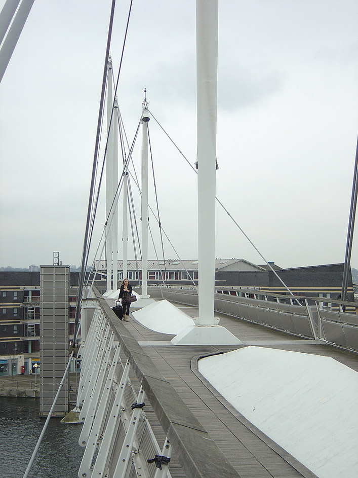 Royal Victoria Dock Bridge Pedestrian walkway showing intermediate stay support struts and the deck stiffening formations