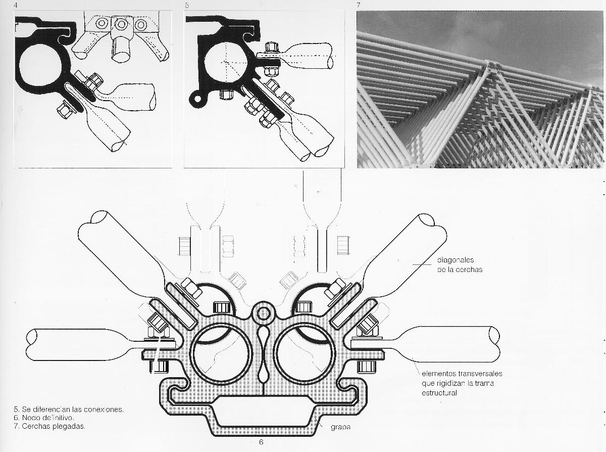 Media File No. 55229 Venezuelan Pavilion, Seville, Spain, 1992 In this connection detail, the folded position is shown with light lines, and the unfolded position with heavy ones; all components are made of aluminum