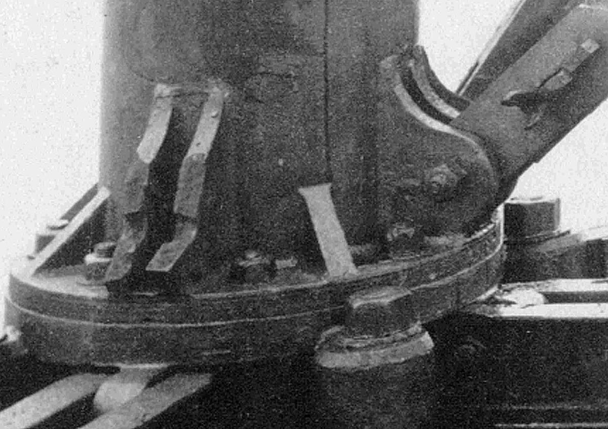 Media File No. 51546 Firth of Tay Bridge Southernmost east facing lugs on pier 3 of the high girder section, showing tapered bolt holes in cast iron and broken across the minimum section. The component was the weakest part of the towers which supported the railway, and they broke first during the disaster. The joint at right shows cotter pins which are too small for the slot in the bracing bar. They worked loose before the accident, but were not tightened when found, and so also contributed to the disaster