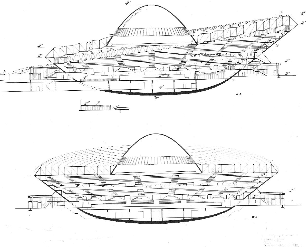 Media File No. 54810 Spodek, Kattowice, Poland This section drawing shows both the bowl of the seating structure and the original, more complex version of the tensegrity roof structure. The bowl is tipped to permit greater flexibility in seating arrangements. Used with kind permission of W. Zalewski