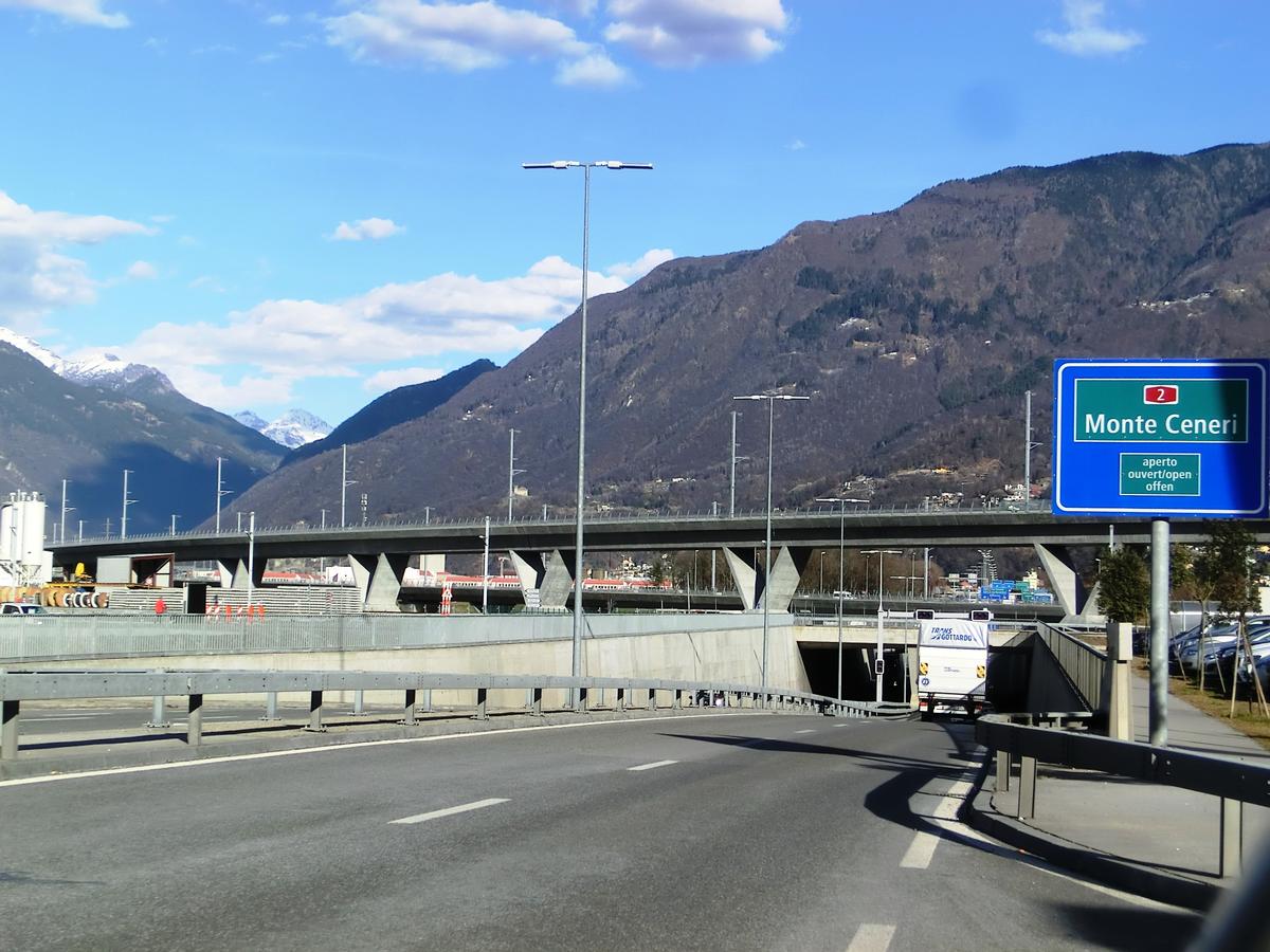 Campisci Tunnel western portal; above, Lugano-Bellinzona Rail Viaduct 