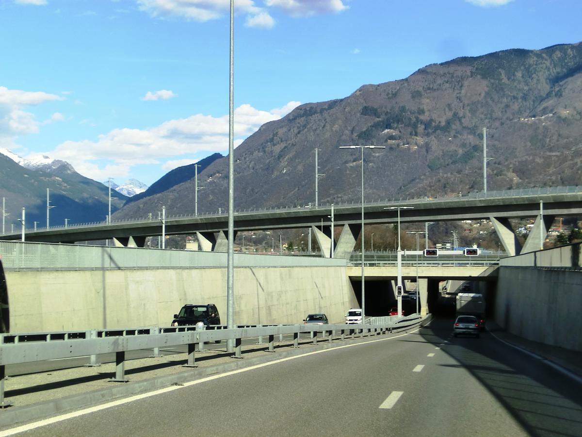 Campisci Tunnel western portal; above, Lugano-Bellinzona Rail Viaduct 