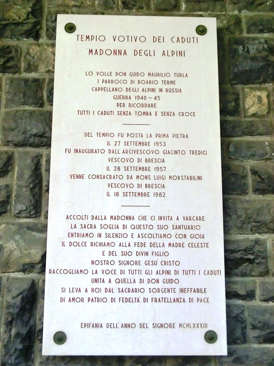 Madonna degli Alpini Church, commemorative plate 
