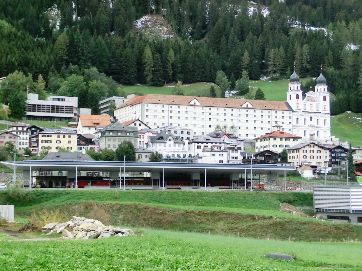 Disentis Station and, above, Imperial Abbey 