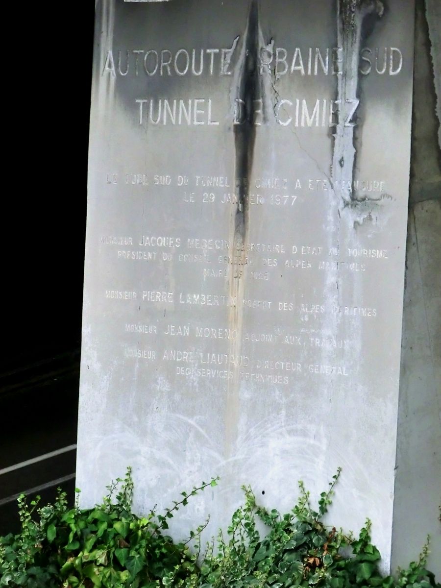 André Malraux (Cimiez) Tunnel eastern portal inauguration plate 