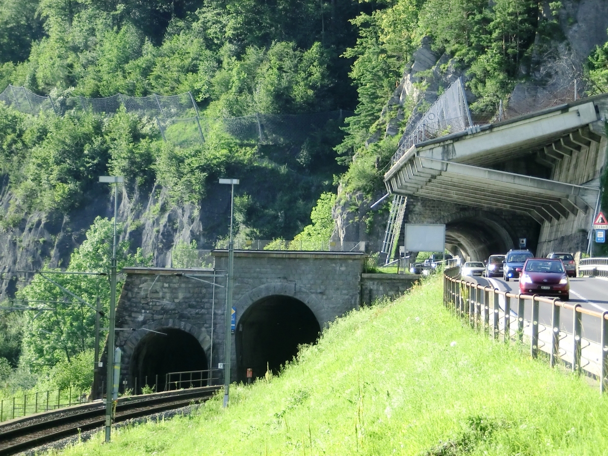 Oelberg Tunnel, Fronalp Tunnel and Dorni Tunnel southern portals from left to right