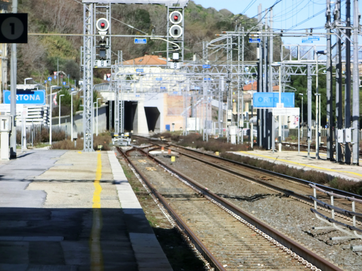 Frentani Tunnel (on the left) and Castello Tunnel southern portals from Ortona Station 