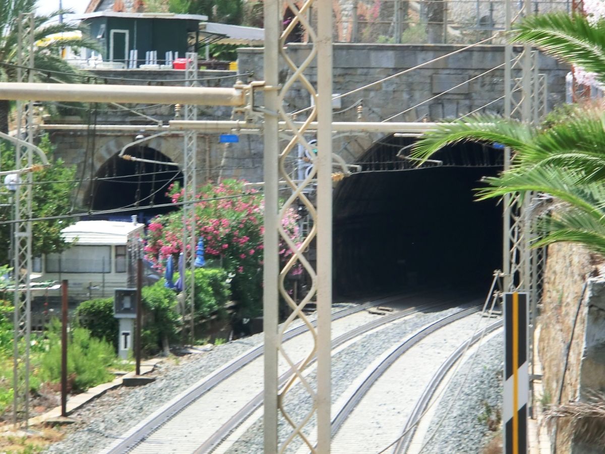Old single track Sant'Ampeglio Tunnel (on the left) and new Sant'Ampeglio Tunnel eastern portals 