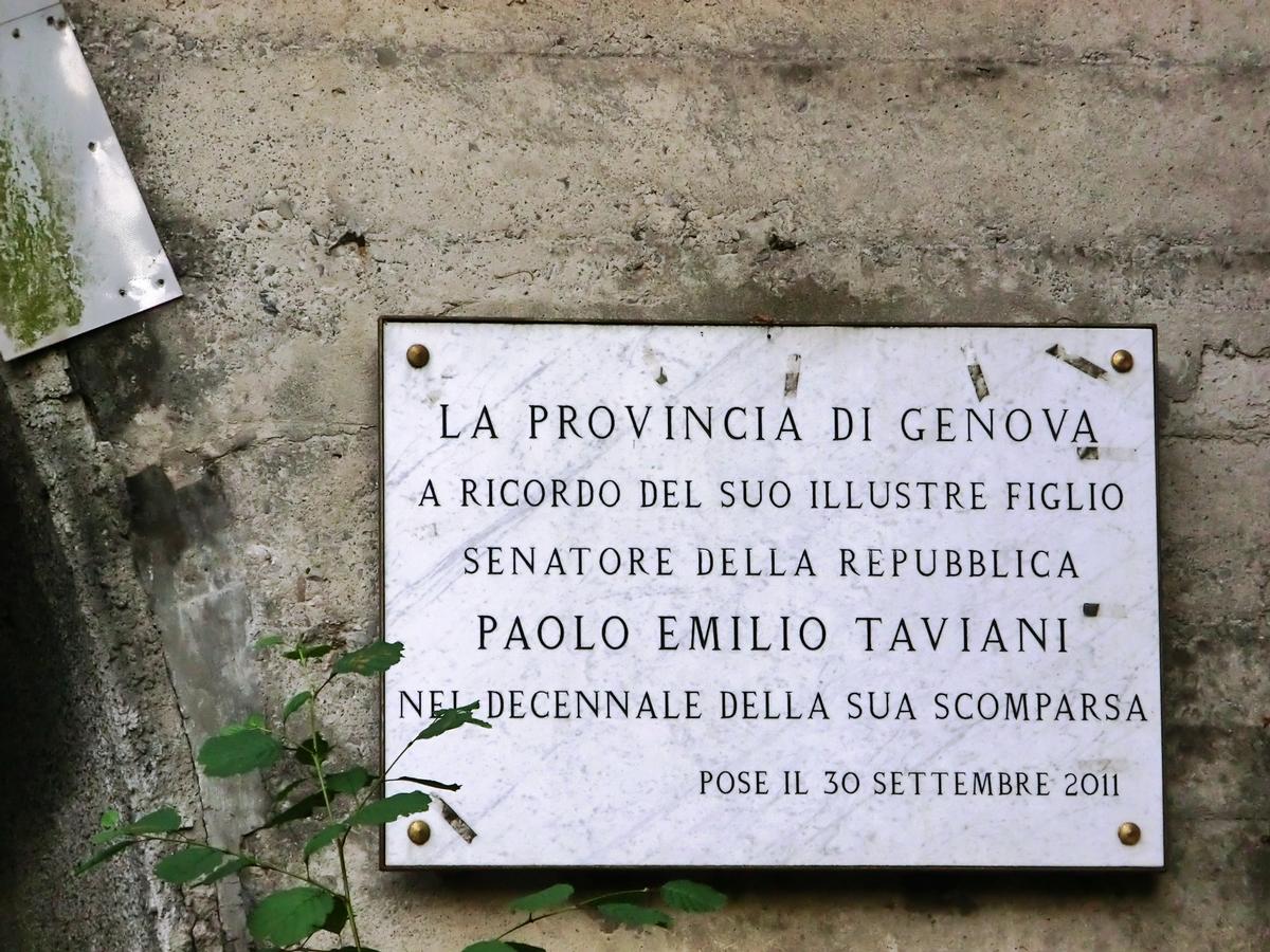 Paolo Emilio Taviani Tunnel Commemorative plaque, since September 30th 2011 Bargagli-Ferriere Tunnel dedicated to Paolo Emilio Taviani