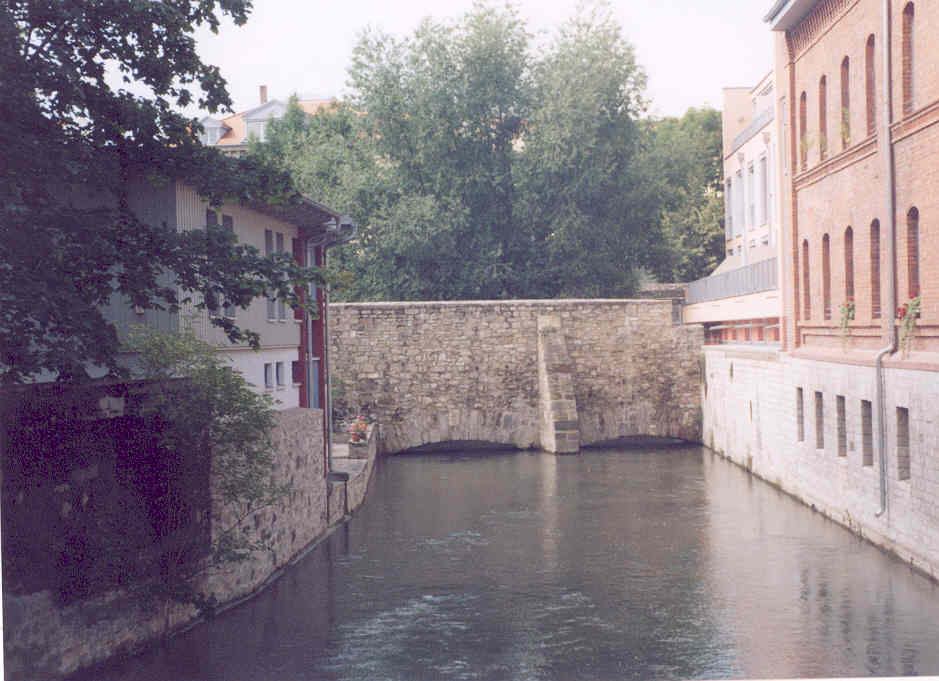 Media File No. 107400 Constructed in ca. 1200 to protect the city from floods from the Gera River. City was flooded on 6 February, 1374 destroying much of the dam. Here are the remains that still span the Gera next to the Rossbrücke in Erfurt