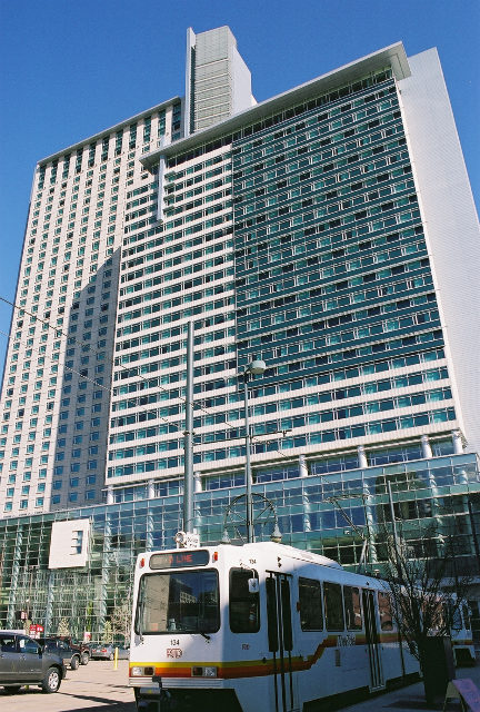 Media File No. 82768 Hyatt Regency Hotel. This is the headquarters hotel for the Colorado Convention Center. The RTD light rail runs by the hotel servicing the rest of the metro area