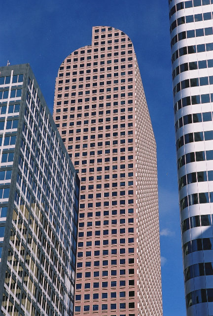 View of the distinctive roofline. This gives the building the nickname of 'Cash Register.' 