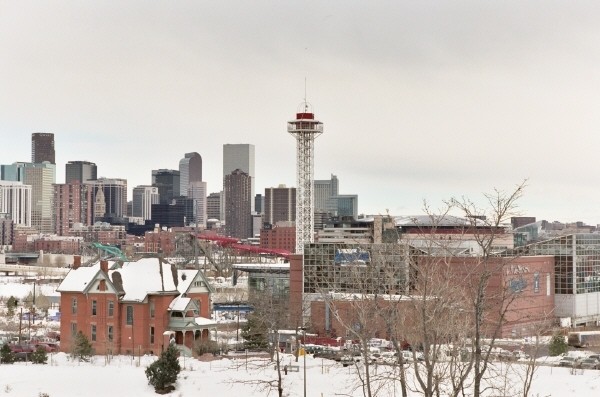 Elitch Gardens Observation Tower, with the downtown Denver skyline in the background 
