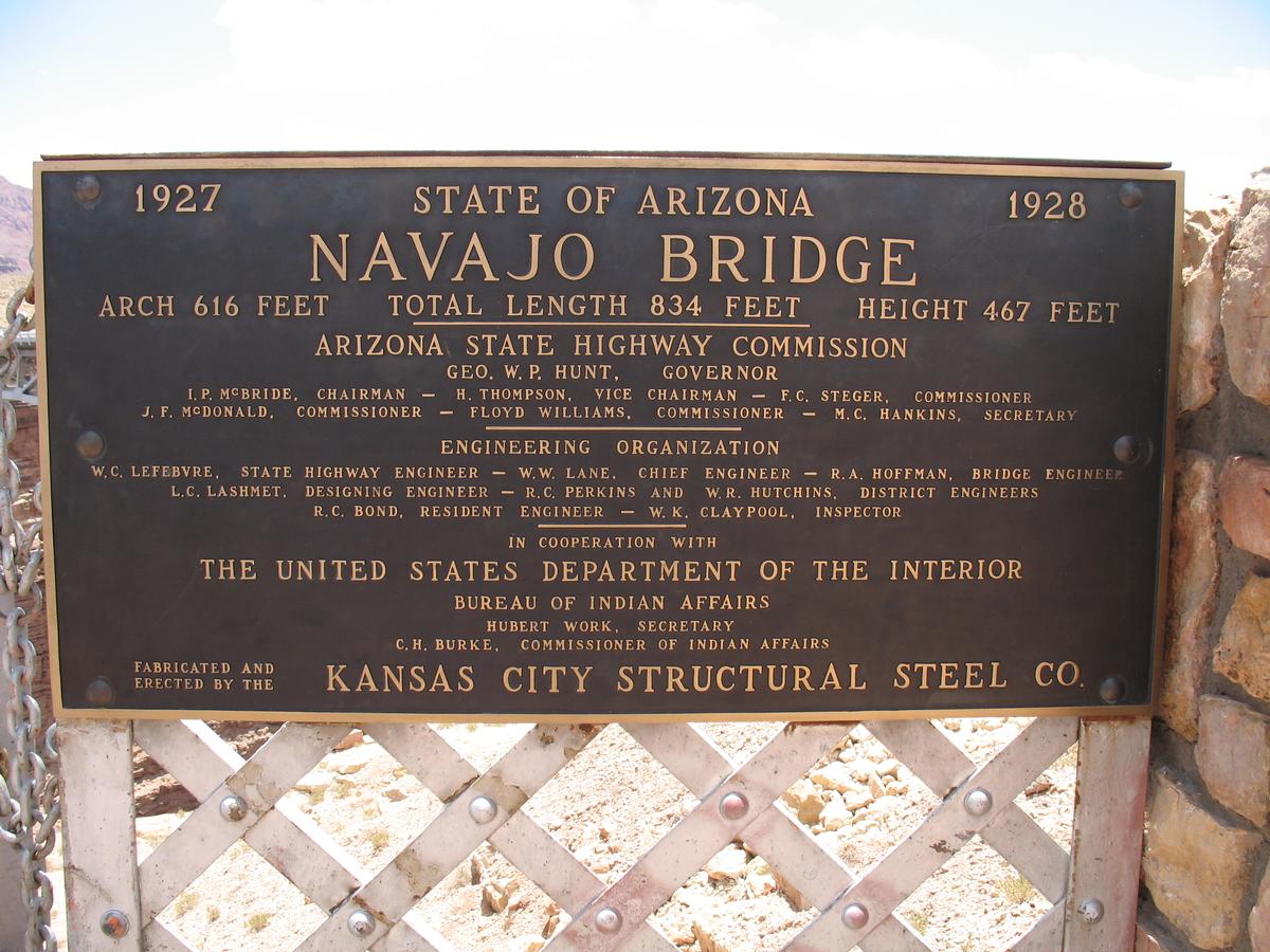 Gendenktafel für die Alte Navajo Bridge in Coconino County / Arizona 