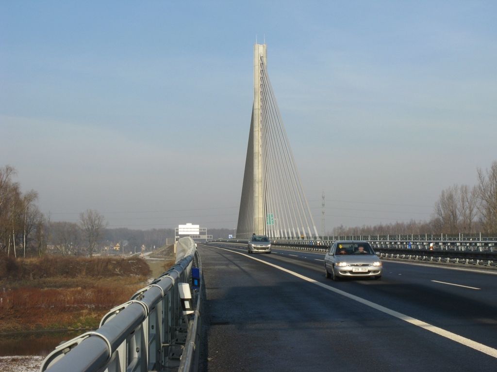 D47 Motorway cable-stayed bridge crossing the Odra river and the Antosovice lake 