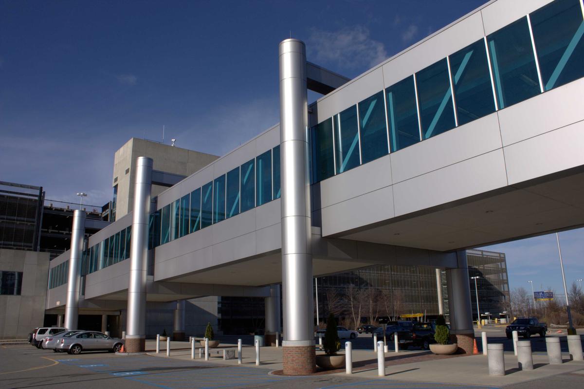 An elevated pedestrian walkway connecting the terminal and the parking garage, Manchester Airport, N.H 