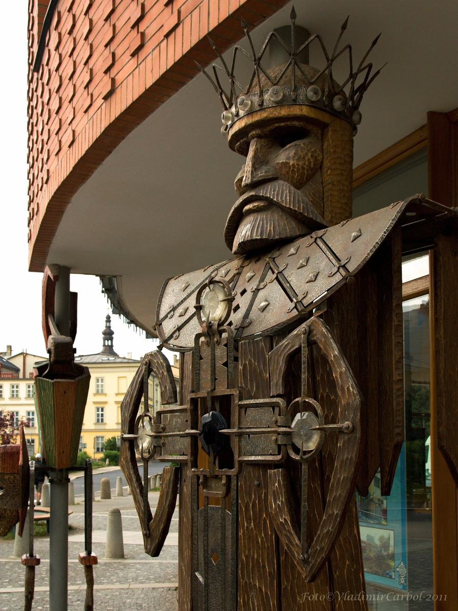 One of the decorative wooden statues 
