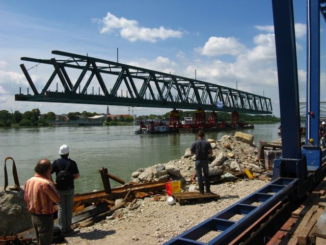 The Tulln Railway Bridge across the Danube river - 1st bridge section has been boated to bridge piers 