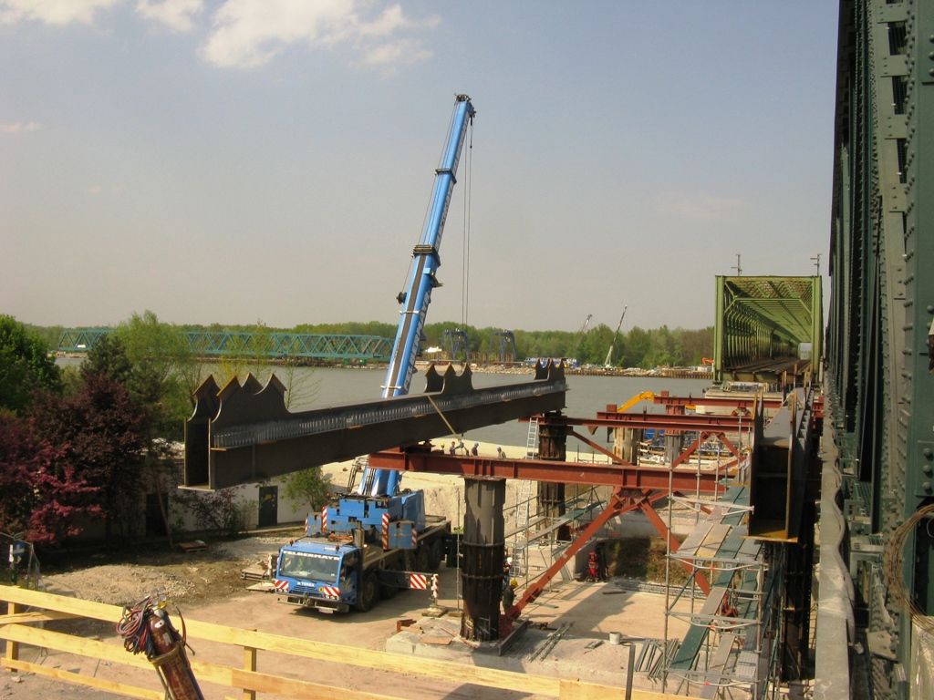 New railroad bridge assembly site located on the right Danube riverbank 