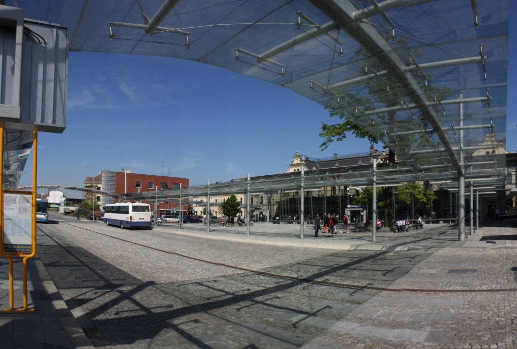 The forecourt area with bus stops 