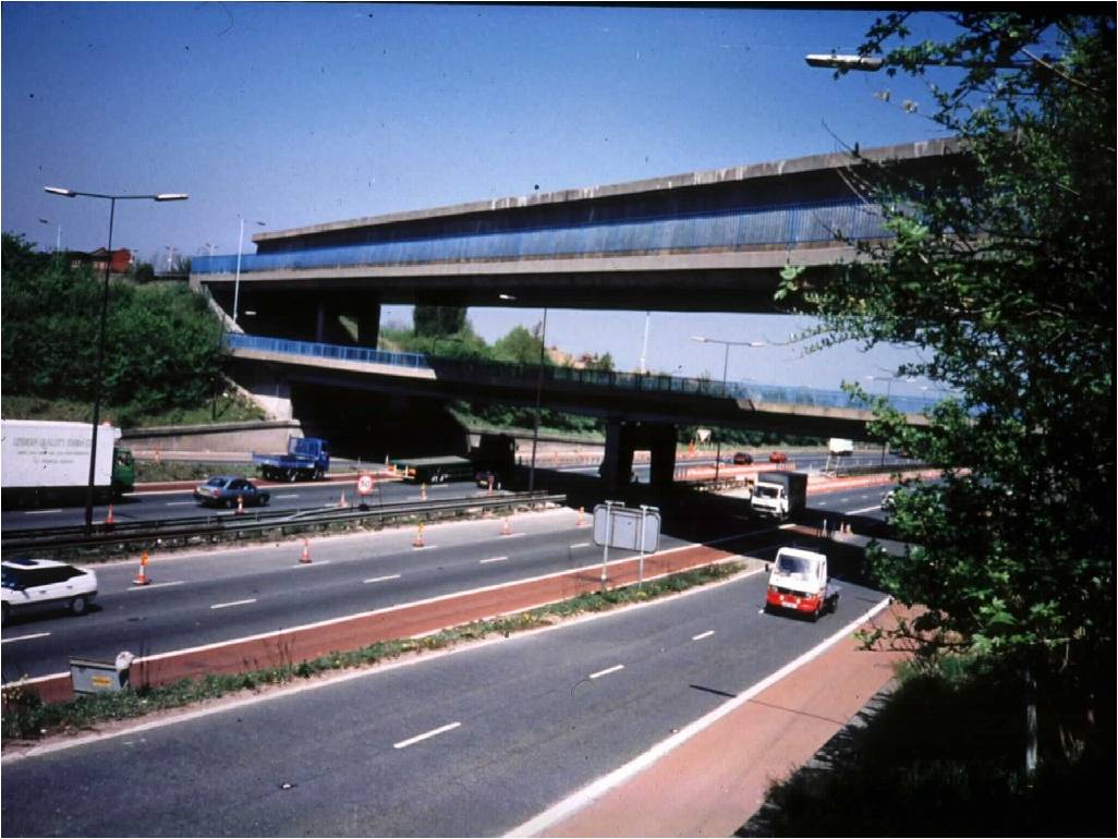 Besses O' Th' Barn Bridge is the top structure shown crossing over the M60 motorway and the A556 road bridge below 