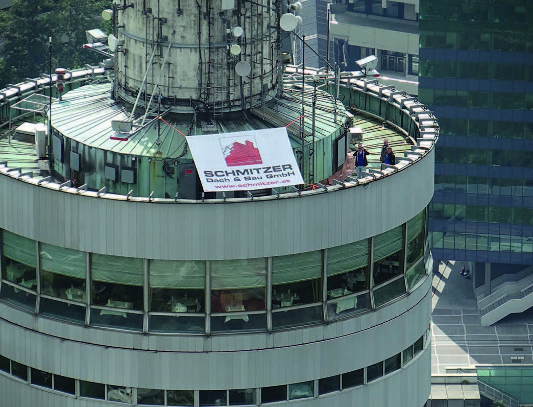 Mediendatei Nr. 225501 Das Kupferdach des Korbs am Wiener Donauturm erforderte eine Abdichtungslösung, die vor den extremen Witterungsverhältnissen in 180 m Höhe schützt
