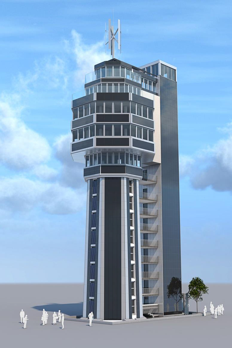 Computeranimation des Aquaturms mit Solarpaneel-Fassade und Windturbine. 