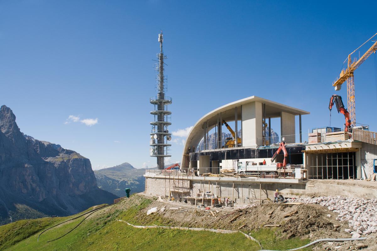 The new top station for the Dantercepies gondola lift, Wolkenstein in Gröden (Selva di Val Gardena), South Tyrol, Italy. The new top station for the Dantercepies gondola lift, Wolkenstein in Gröden (Selva di Val Gardena), South Tyrol, Italy.