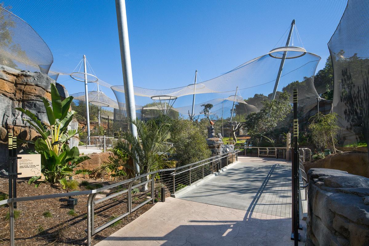 Eine transparente Edelstahl-Seilnetzkonstruktion überspannt die Gehege der neuen Anlage Africa Rocks im Zoo von San Diego. Eine transparente Edelstahl-Seilnetzkonstruktion überspannt die Gehege der neuen Anlage Africa Rocks im Zoo von San Diego.