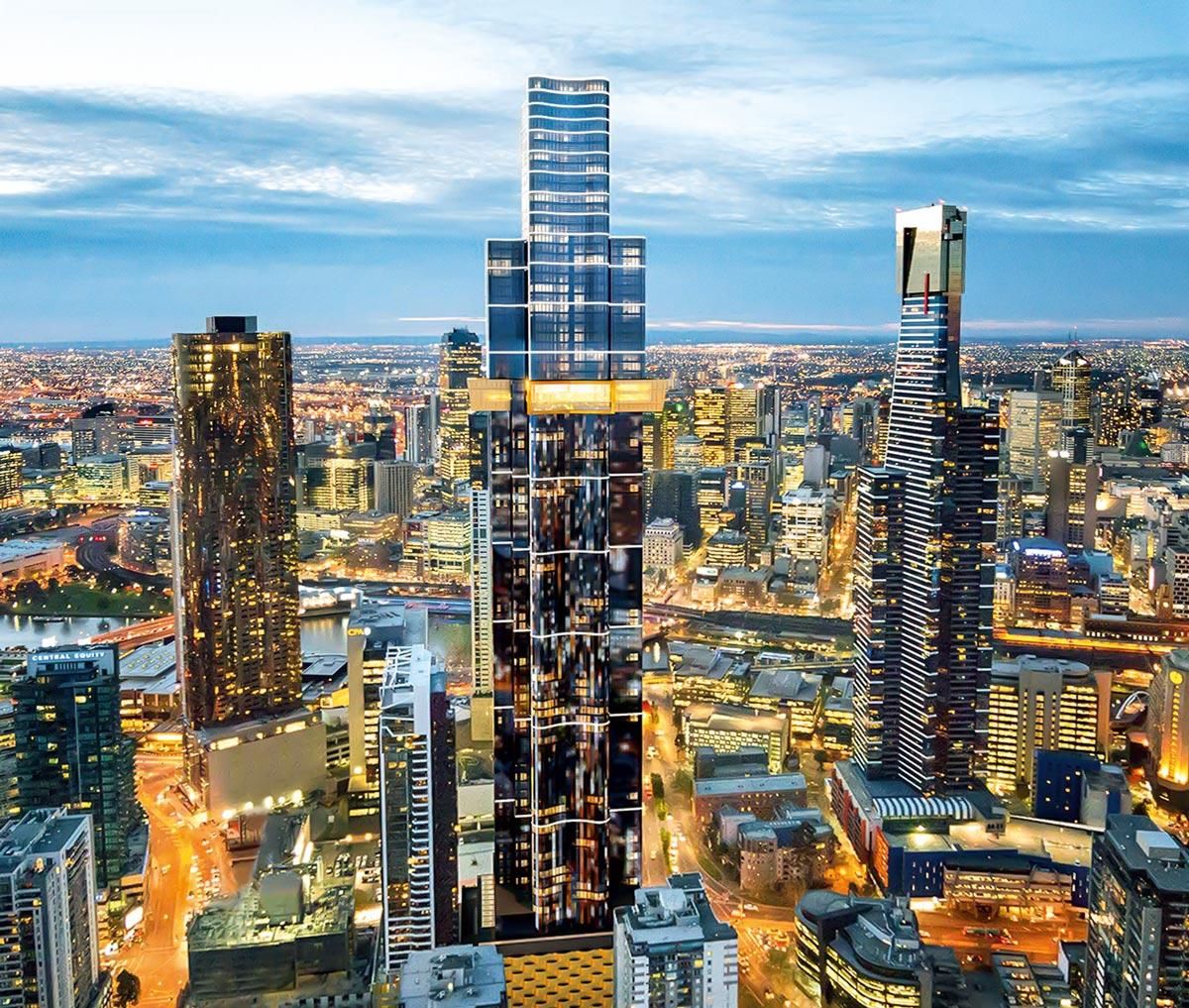 Das Australia 108 liegt in Melbournes Stadtteil Southbank und wird auf 100 Stockwerken Platz für 1.105 Apartments bieten. Das Australia 108 liegt in Melbournes Stadtteil Southbank und wird auf 100 Stockwerken Platz für 1.105 Apartments bieten.