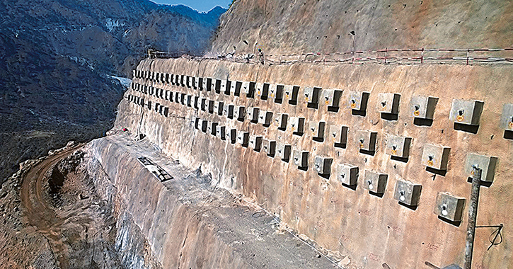 The Chenab Valley's massive slopes have angles between 43° and 77° and are stabilized by a double corrosion protected bar anchor system 