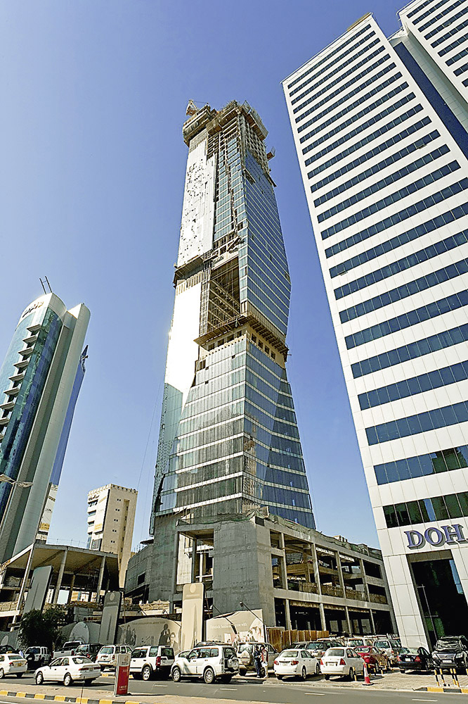 The Crystal Tower is 250 m high; on the photo, it was still under construction. 