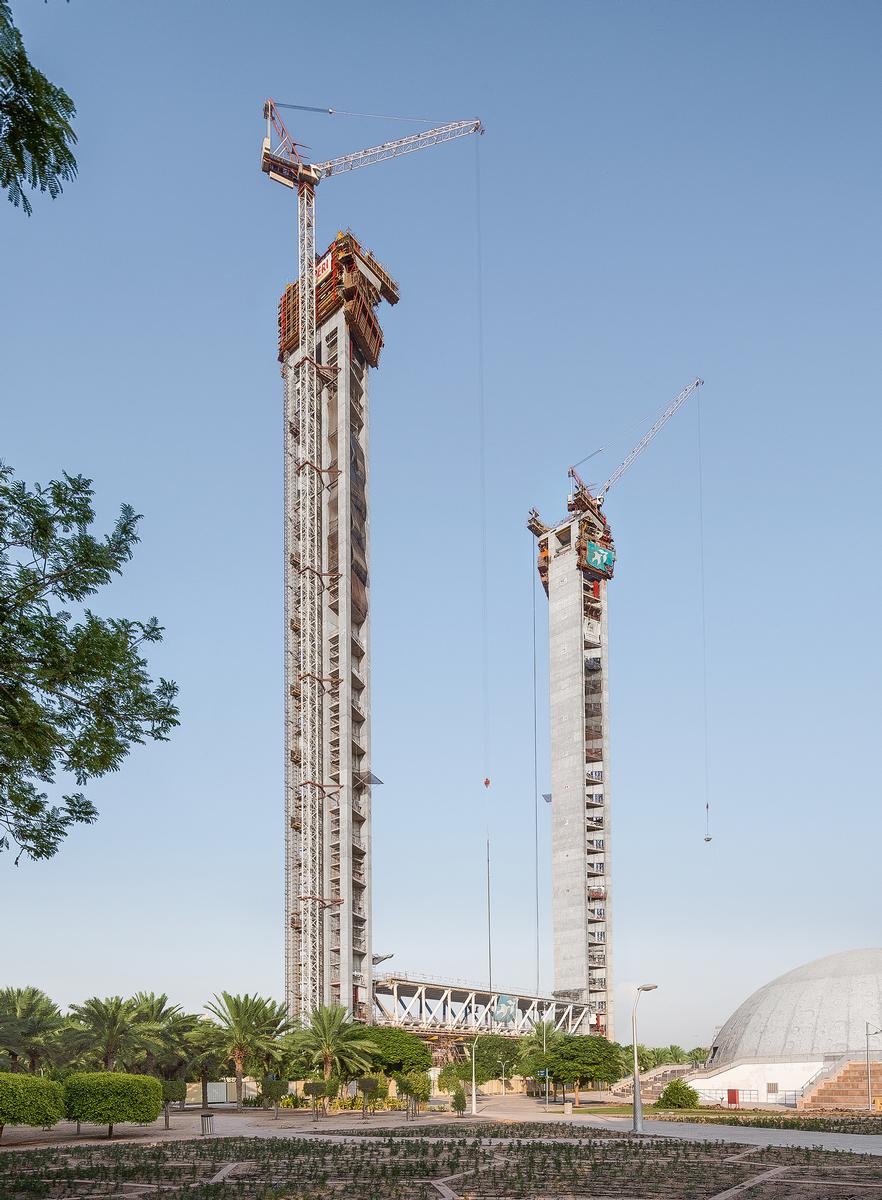 The two 155 m high towers have trapezoidal-shaped, extremely slender ground plans 