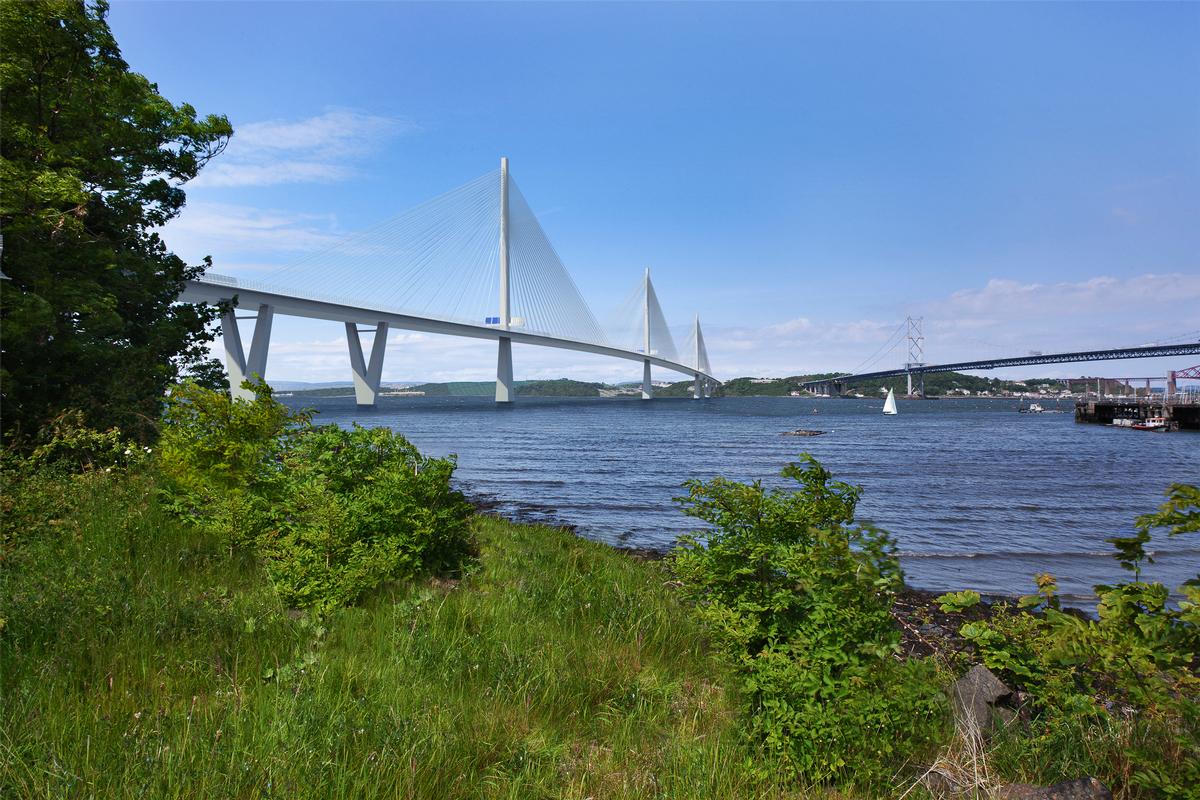 FCBC photomontage of completed Queensferry Crossing; on the right the Forth Road Bridge 