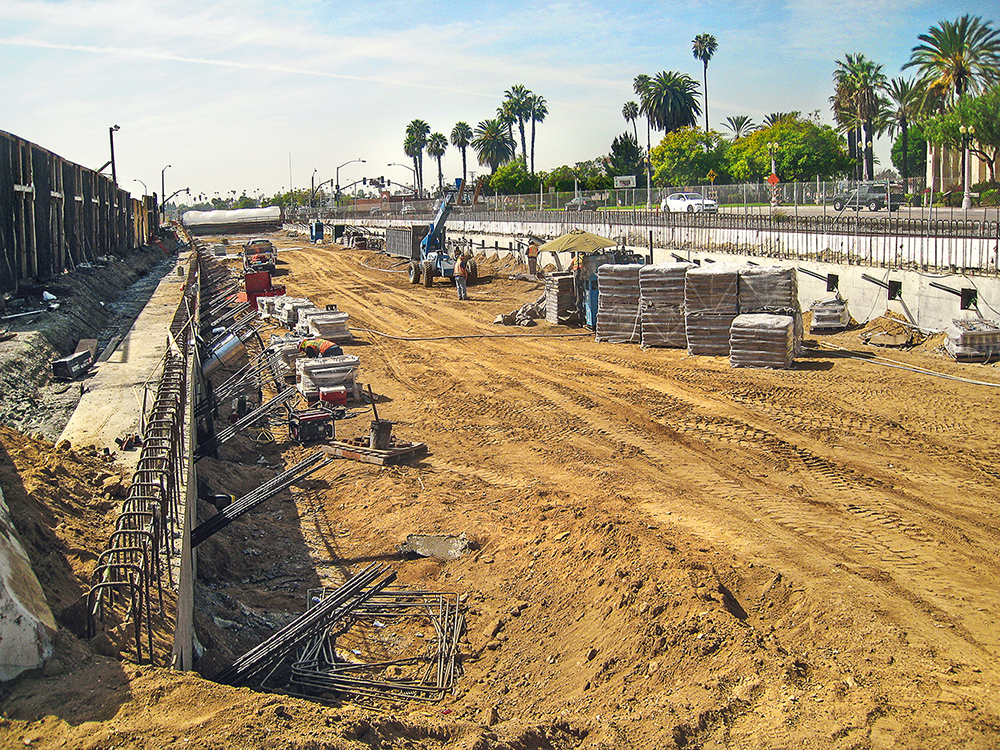 A trough structure is being built for the San Gabriel Trench using the open cut method. 