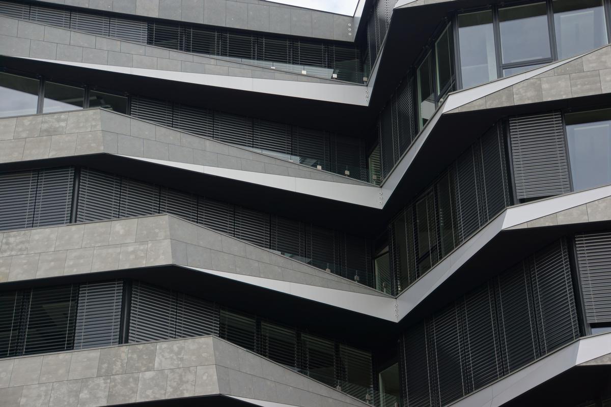 Façade of the Higashi building which is part of the Hikari complex designed by Kengo Kuma for the Confluence area in Lyon 