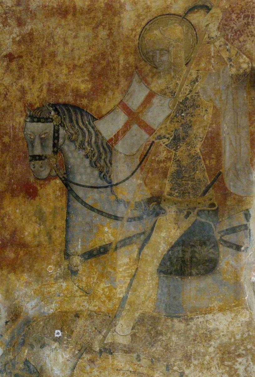 Ebreuil - Ancienne abbatiale Saint-Léger - Peinture sur un pilier de la nef: saint Georges terrassant le dragon 